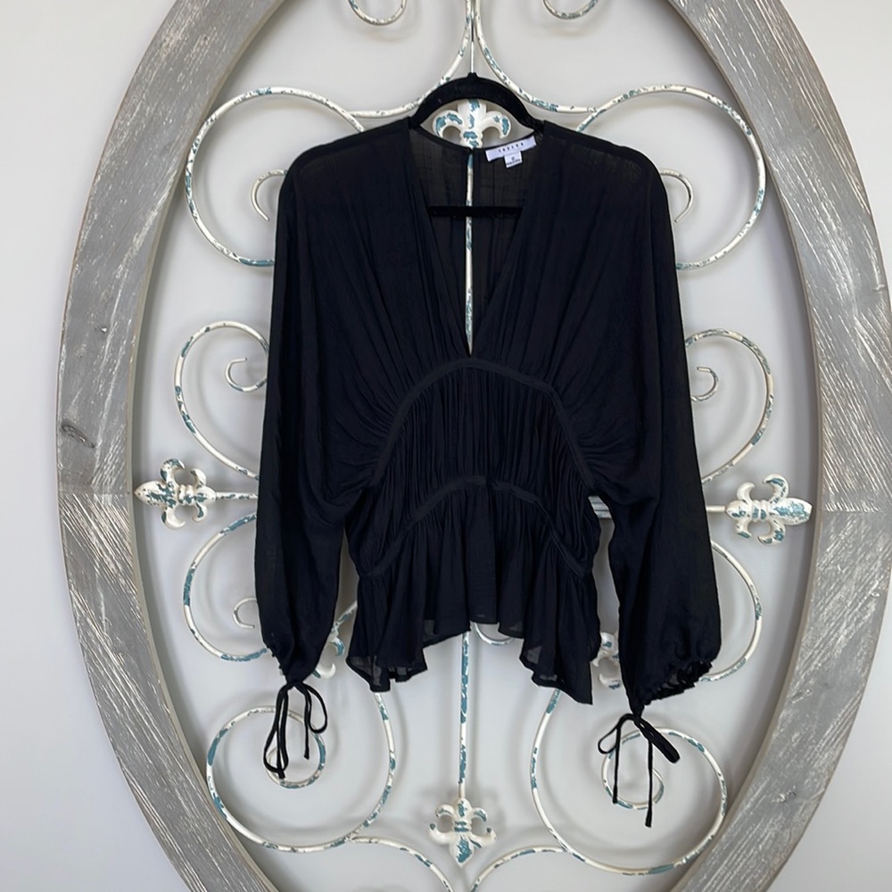 Black Peplum V-Neck Long Sleeve Blouse